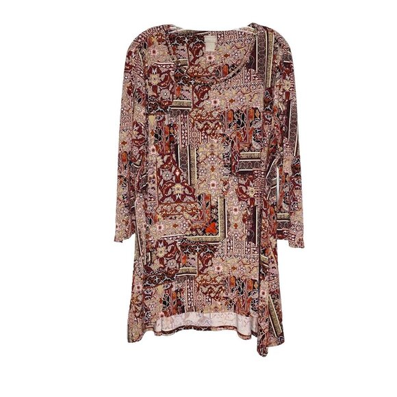 Chicos Size 3 XL Small High-Low Patchwork Tunic Top 3/4 Sleeve Maroon Brown - Picture 1 of 4